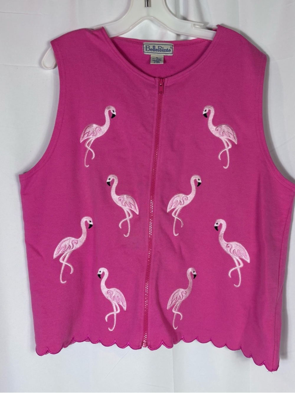 Vtg Belle Point Flamingo Embroidered Vest Pink Zip Scallop Hem XL Coastal Y2K